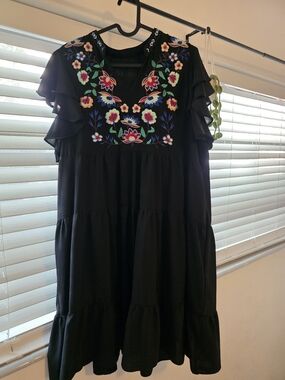 Black Embroidered Ruffle Sleeve Dress